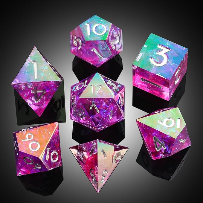 Iridescent Plating Purple Sharp D&D Dice, DNDND Handmade DND Resin Sharp Edge D&D Die with Gift Case for Dungeons and Dragon Tabletop Games (Iridescent Plating Purple)
