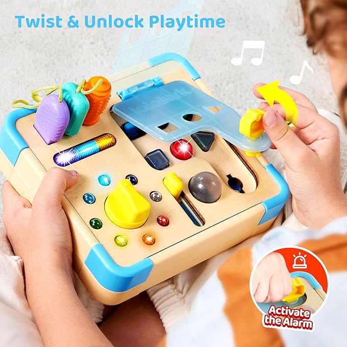 Electronic Busy Board – Montessori Learning Toddler Toy, 15 LED Lights & 9 Sound Effects, 5 Interactive Switches & Plugs, Sensory, Fidget, Travel Activities, Early Development, Baby Toys Age 18M+ Old