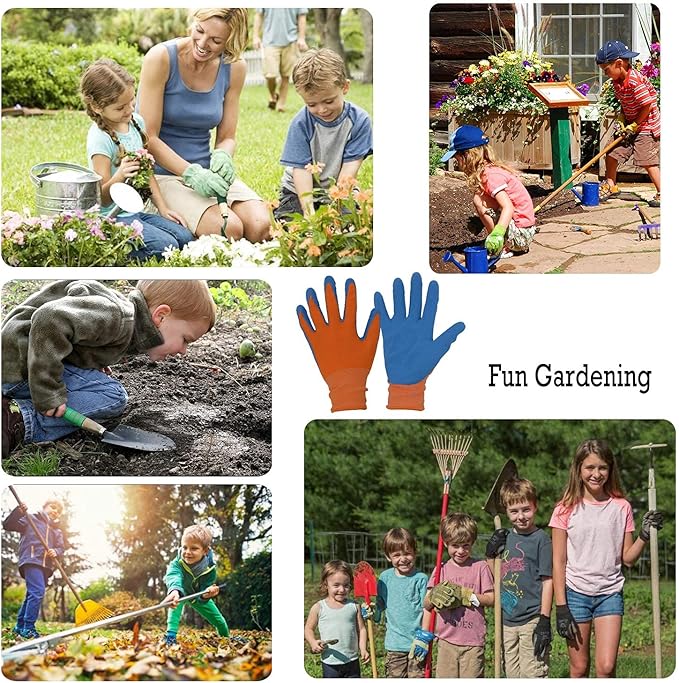 HANDLANDY 3 Pairs Kids Gardening Gloves Latex Free, Nitrile Coated Children Toddler Garden Yard Work Gloves for Little Girls Boys (Size L, Black-Orange)