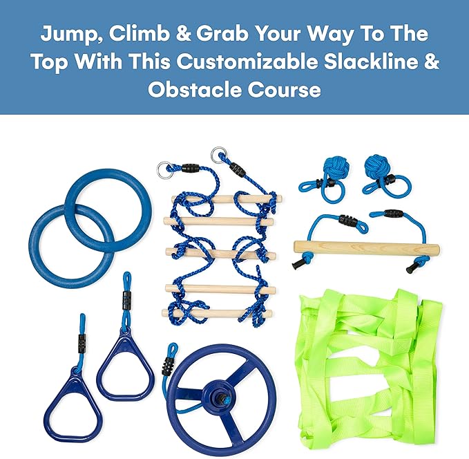 Flybold Slackline Obstacle Course for Kids - Ninja Warrior Training Kit with 8 Adjustable Obstacles, Twin Gear Ratchet, Outdoor Ninja Course for Kids - 40 ft Line Stainless Steel with Tree Protectors