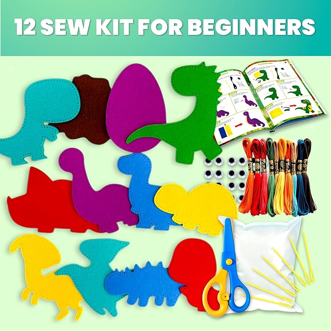 QUOKKA Kids Crafts Ages 7-9, DIY Beginner Needle and Thread Kit - 12 Wild Dino Sewing Kit Basic - Fun Arts Crafts for Kids Ages 7-9 Girls Boys - Plastic Needles, Scissors - 7+ Year Old Girl Gifts