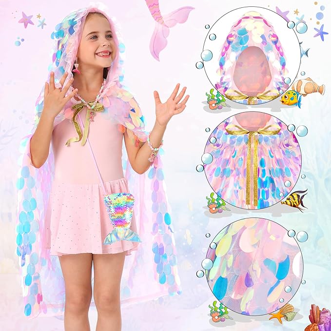 Princess Dress Up Cloak Princess Dress Up Clothes Mermaid Toys Rainbow Mermaid Princess Cloak Kit 9 Pcs Gift Set for Little Girls 3-8 Years Old, Great Gift Set for Birthday Christmas Halloween