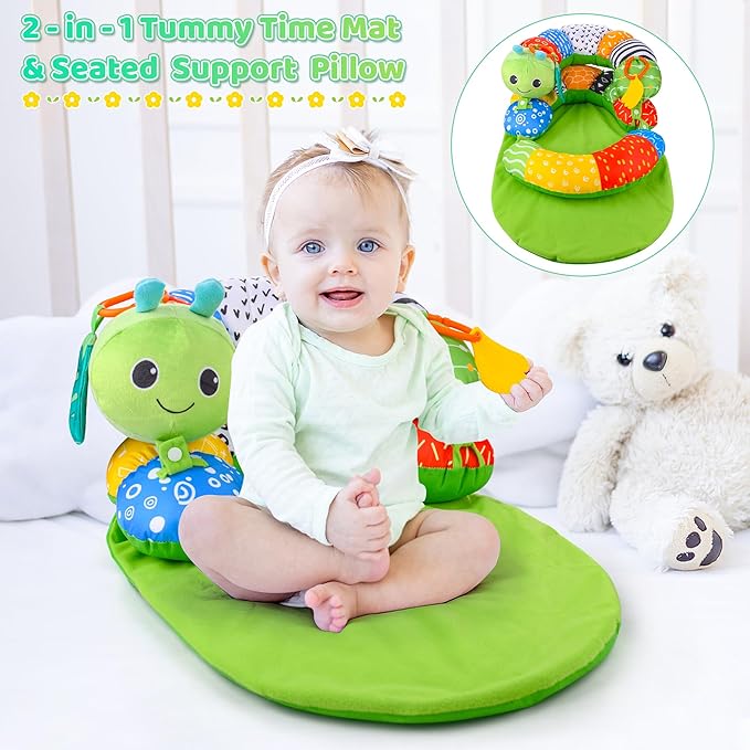 ARANEE 2-in-1 Tummy Time Mat & Seated Support Pillow Baby Toys 6-12 Months, Baby Tummy Time Toys Sit Me Up Floor Seat for Newborns and Older Babies, with Detachable Support Pillow and Toys