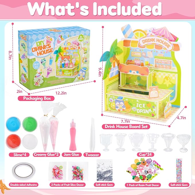 DIY Mini Drink Shop Toy, Making 24 Miniature Juice Drinks Cream Material Kit, NOT Edible, Collectible, Kitchen Pretend Play Food Toys Set, Make Your Foods, Gift for Kids Age 8+