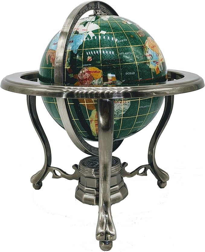 Unique Art 10-Inch Tall Table Top Green Crystal and Pearl Ocean Gemstone World Globe with Silver Tripod Stand (150 GT Green CRY Silver)