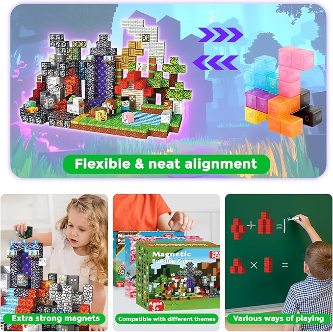 Magnetic Blocks - 500 PCS Magnetic Building Blocks Cubes, Magnet Toys for Kids Age 3+, Toy Building Set for Kids, Magnets Stacking Construction Birthday Gifts for Boys Girls Age 4-8, 8-12