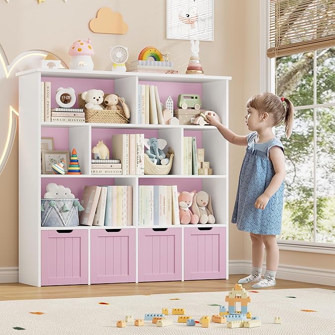 FINETONES Toy Storage Organizer, Kids Bookshelf with 4 Movable Chests and 7 Storage Cubes, Toy Chest Storage with Hidden Wheels, Toy Organizers and Toy Storage, Pink