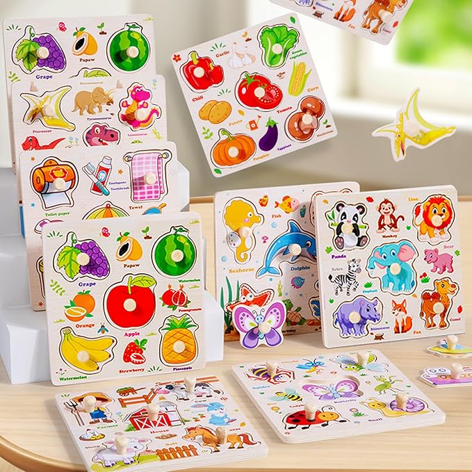 Wooden Puzzle for Toddler 1-3, 8Pcs Peg Puzzles for Toddler 2-4, Learning Puzzles Set, Wooden Puzzles Peg-Animals, Dinosaur, Fruits, Vegetable, Insect Great Preschool Gifts for Girls Boys