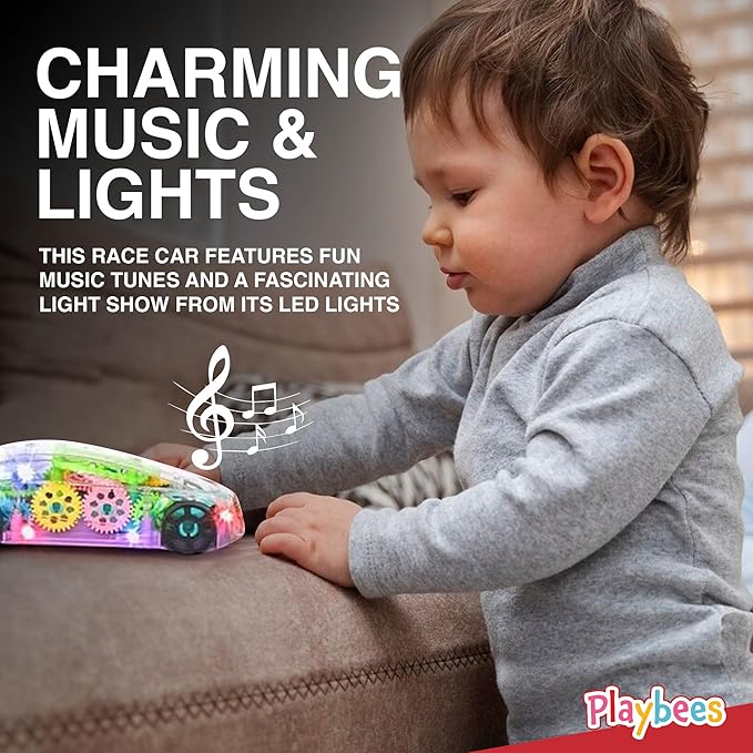 Playbees Light-Up Transparent Car Toy, Toys for Autistic Kids Ages 3-5 Sensory Toy for Kids with Autism Special Needs Toys, Bump and Go Toys for Toddlers Music and LED Effects Great Gift Idea