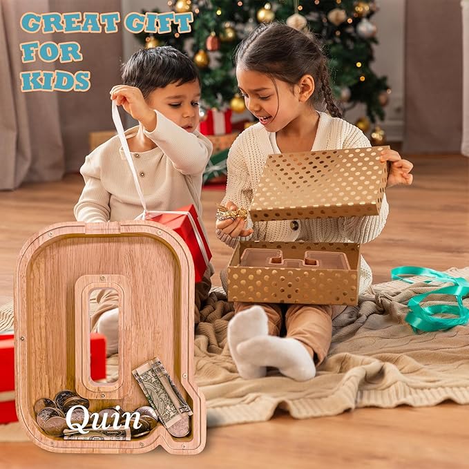 Wooden Letter Piggy Bank for Kids Larger Letter Piggy Bank for Boys and Girls Personalized Piggy Bank Initial Coin Bank Wood Kids Money Bank for Birthday and Festival