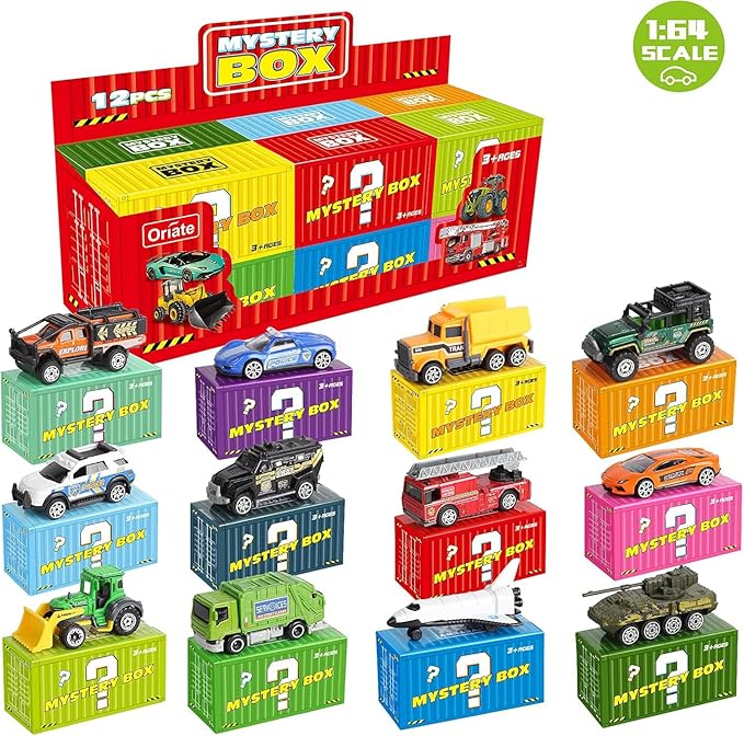 Oriate Diecast Toy Cars Set for 3 4 5 6 7 8 Year Old Boys, 12 Pack Mini Metal Cars 1/64, 12 Theme in one Set Blind Box Edition- Include Farm, Space Ship, Truck for Children Birthday Party Decor Gifts