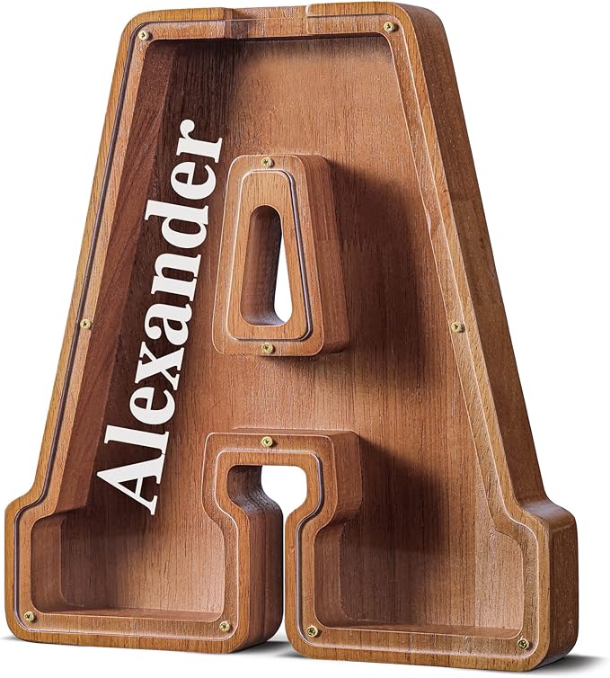 Customized Name Large Wooden Piggy Bank for Kids Boys Girls Alphabets Letter A-Z Coins Bills Money Change Bank Box Initial on Clear Cover (Laser Engraved) (Alphabet-A, Personalized-12)