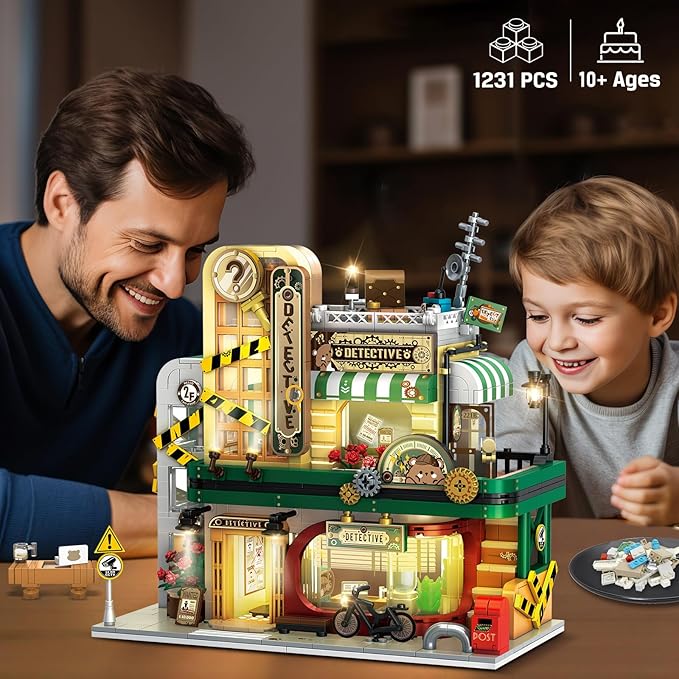 Detective Agency Building Set with LED Light, 1231PCS Detective House Building Block Toy with Clue Wall, Office Construction Model for Easter Mother's Day for Adults Teens Kids Boys Girls 10+