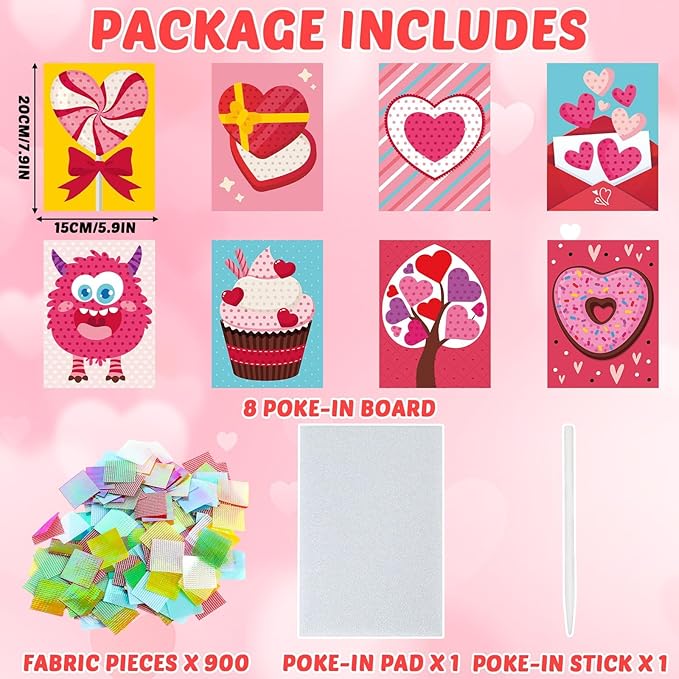 8PCS Poke-in Craft and Art Kit for Kids Heart Monster Dessert No-Mess Fabric Sewing Art Girls Boys 4-12 Puzzle Puncture Painting Toy Gift Mom Valentine Creative Activity Game Birthday Party