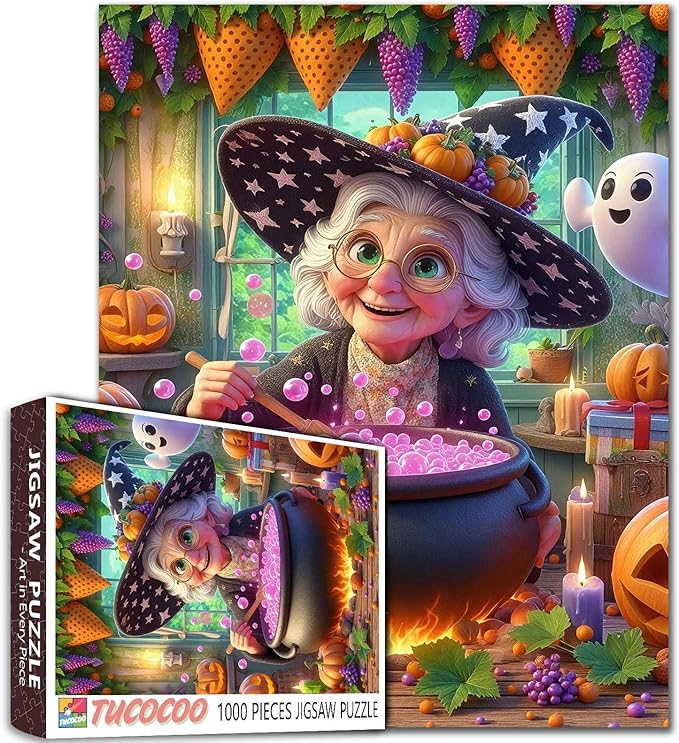 Grandma Witch Brewing Potion in Halloween Kitchen 1000 Piece Jigsaw Puzzle for Adults Students 20×27 Inches Magical Jigsaw with Pumpkins Bubbles Ghost Candles Autumn Puzzle Gift for Home Decor