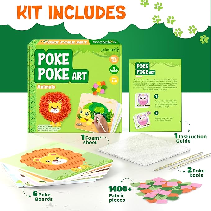 jackinthebox Poke Poke Art – Animals Theme, Mess-Free Fabric Art and Craft, Flower Pressing Kits, Gift for Kids, Girl Gifts, Boy Gift, Toys for Girls and Boys Ages 4 5 6 7 8