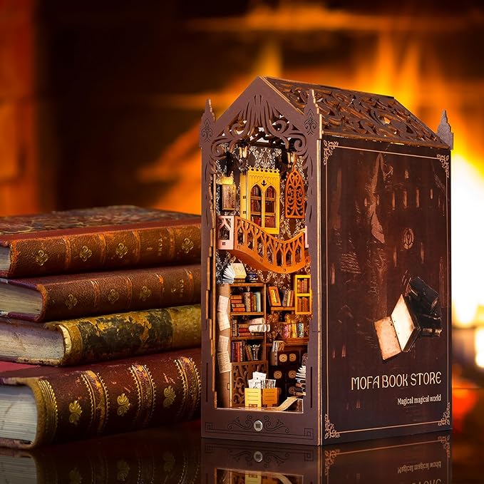 DIY Book Nook Kit, Miniature Dollhouse Bookshelf Insert with LED Light, 3D Wooden Puzzle Bookend Insert, Perfect for Teens and Adults, Magic Book