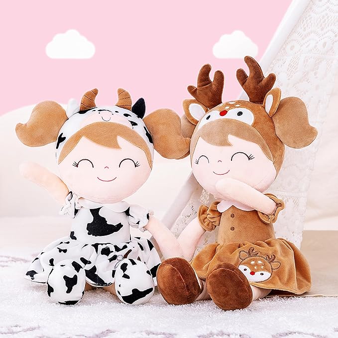 Gloveleya Plush Baby Doll Girl Gifts – 16 Inch Soft Elk Deer Doll with Gift Box, Brown Toddler Girl Birthday Present, Keepsake First Plush Toy for Nursery, Christmas