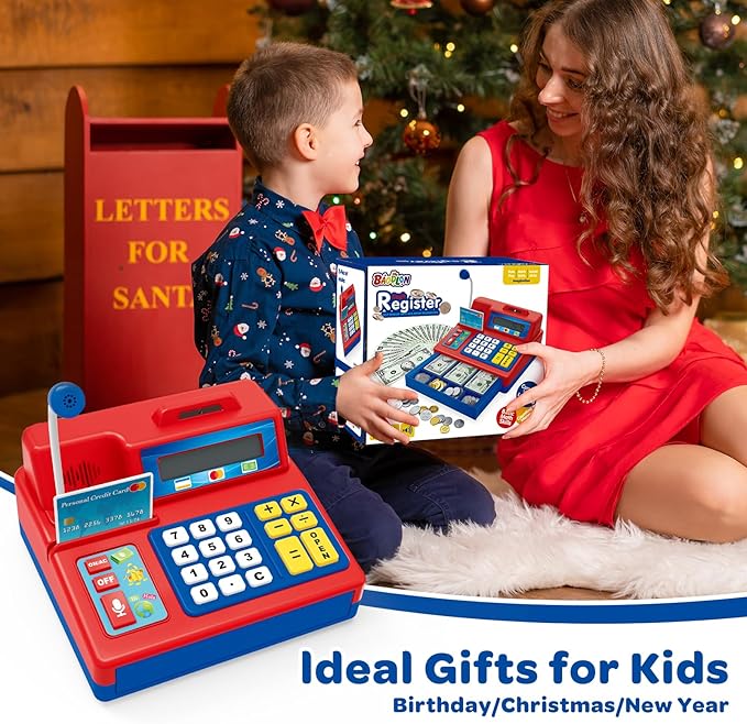 Calculator Cash Register - 103 Pcs Toy Cash Register, Microphone, Credit Card and Banking for Kids, Early Math Skills Toys Gifts for 3, 4, 5, 6 7 8+ Years Old Boys Girls