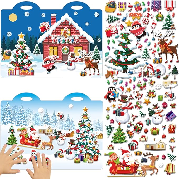 Winter 3D Puffy Sticker Play Set Xmas Activity Book for Kids Toddlers 2-4 Toys Sticker Merry Christmas Holiday Party Supplies 100 Reusable Puffy Window Decals 2 Fold-Out Christmas Scenes