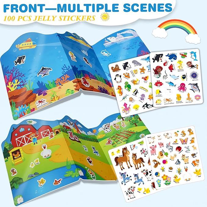 Reusable Jelly Sticker Books for Toddlers, 3D Waterproof Sticker Books, Travel Toys Activity Crafts Gifts for Kids, Farm Animals, Ocean Wrold