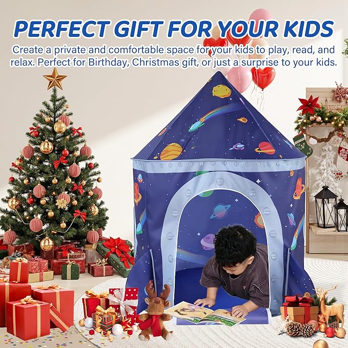 TTLOJ Rocket Space Ship Kids Play Tent Gift, Toddlers Playhouse Castle Toys, Baby Boys Girls Gift for 3 4 5 6 7 Year Old, Outdoor Indoor Teepee Tent
