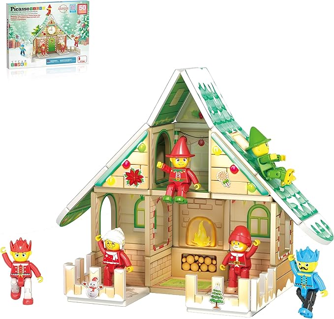 PicassoTiles Magnetic Tile Christmas Holidays Cottage Building Set with Santa Elves Nutcracker 6 Character Figures STEM Educational Construction Toy Winter Magnet Block Gift for Kids Age 3 Plus PTQ08