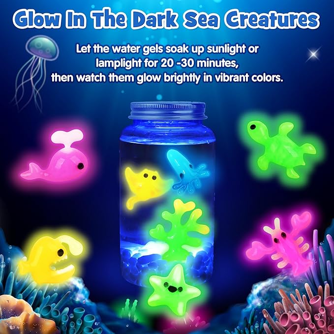 Mocoosy 20 Color Glow in The Dark Magic Water Elf Toy Kit for Kids, Aqua Fairy Water Gel Kit with Magic Gel & Squishy Molds, Make Your Own Squishy Toys & Water Pets, DIY Aqua Art Crafts Birthday Gifts
