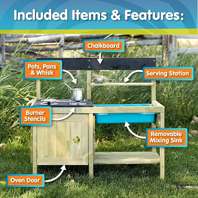 TP Toys Mud Play Kitchen For Kids - Indoor, Outdoor Wooden Toy Toddler Kitchen Playset with Accessories, Durable, Weatherproof, Removable Sink, Chalkboard, Wood Burner Stencils, Easy Assembly, Ages 3+