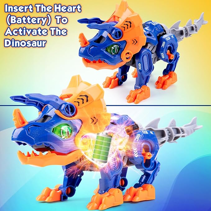 KODATEK Electric Dinosaur Building Blocks, Self-Moving Triceratops with LED Glowing Eyes & Roar Sounds, STEM Learning Toys for Boys 3-5 4-6 4-8 Years, Educational Building Kit Gifts