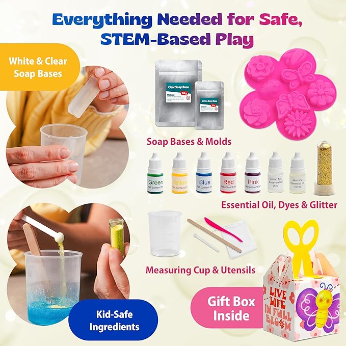 Pinwheel Crafts DIY Soap Making Kit for Kids Ages 5 6 7 8-12+ with Molds, Scents, Dye, Glitter, Foaming Net - Flower Soap Making Kits for Adults Beginners Great for Science Projects and Crafts