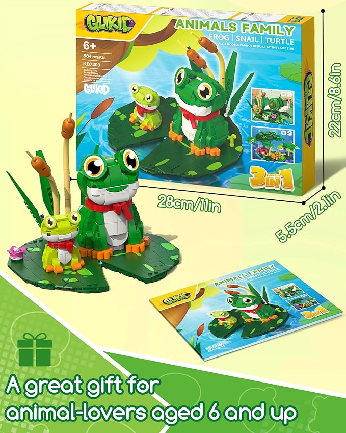 3 in 1 Animals Frog Family Building Set - Animal Figures with 3 Building Options, Create Frog, Turtle or Snail Family - Educational Toy Birthday Gift for Girls and Boys Ages 6+