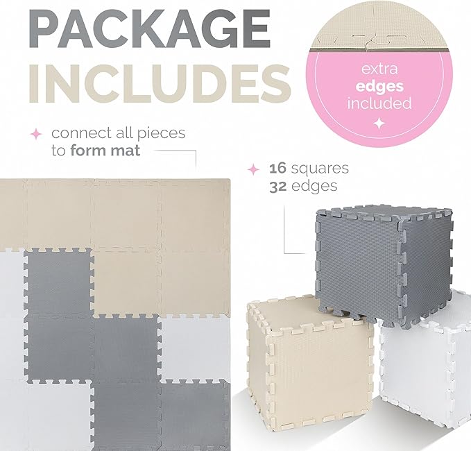 TOYVELT Foam Puzzle Floor Mat for Kids 12x12-16 Interlocking Play Mat Tiles with Colors - Educational Large Puzzle Foam Floor Tiles for Crawling, Non-Toxic - Cream-Gray-Beige