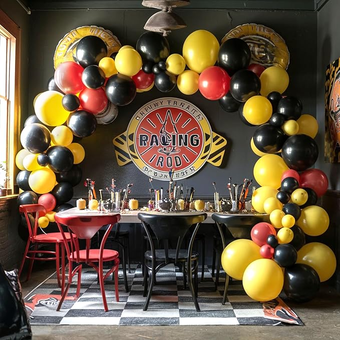Race Car Balloons, 12 Inch Red Yellow Black Race Car Party Supplies Checkered Flags Racing Party Printed Latex Balloons for Race Fans Birthday Party Fast Birthday Party Decorations Supplies