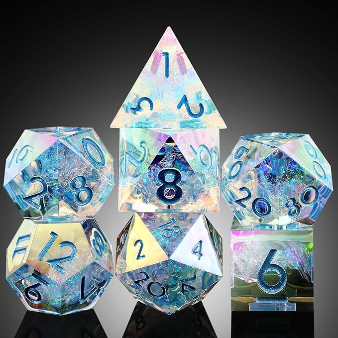 Iridescent Plating Sharp Resin Dice, DNDND 7PCS Handmade DND Sharp Edge Dice with Gorgeous Gift Case for Dungeons and Dragon Tabletop Games (Iridescent Plating Transparent)