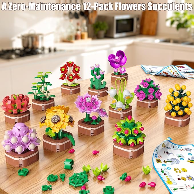 Flowers Bouquet Building Set, 1001 PCS Botanical Collection with Roses, Sunflowers etc. 12 Pack Mini Bonsai Block Toy, Gift for Kids 6+ & Adults for Christmas, Mother's Day, Valentine's Day