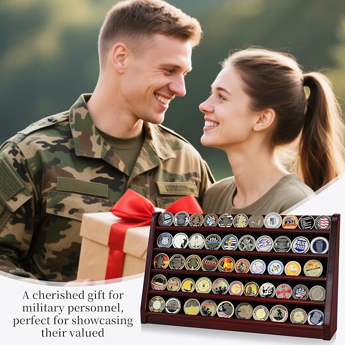 5 Rows Challenge Coin Holder Display Stand Holds 50 Coins for Wall Mount or Tabletop, Solid Wood Military Coin Rack Display Case for Army Collectibles, Mahogany