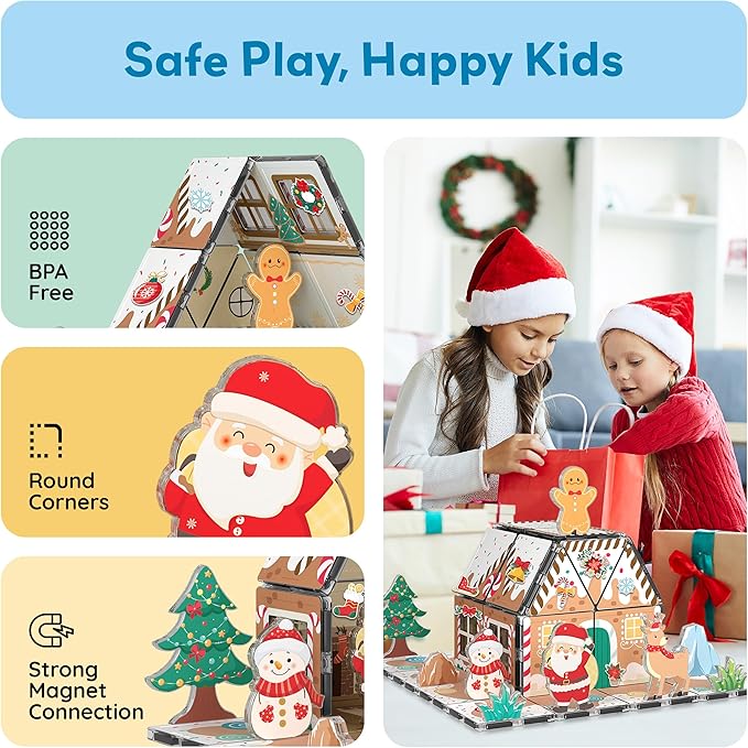 PicassoTiles Magnetic Tiles Gingerbread House Holiday Character Action Figures Santa, Snowman, Deer Winter Theme Construction Kit Magnet Building Blocks STEM Learning Gifts Toddler Toys Ages 3+ PTQ09