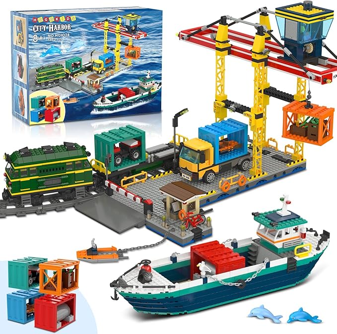 HOGOKIDS City Wharf Building Set with Crane - Includes Ship Train Truck, 4 Containers with Cargo Harbor Building Blocks | Large Construction Toy for for Adults Teens Kids Girls Boys 6-14+（1373PCS）