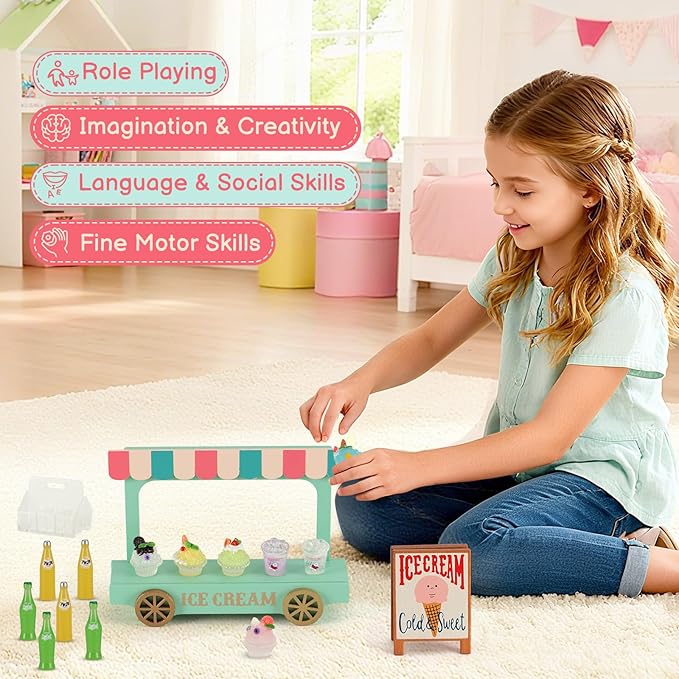 Mini Ice Cream Truck Toy Set with 7 Smoothies & 6 Drink Bottles - Display Case & Wooden Sign for Dollhouse Kitchen, Role Play & Pretend Food