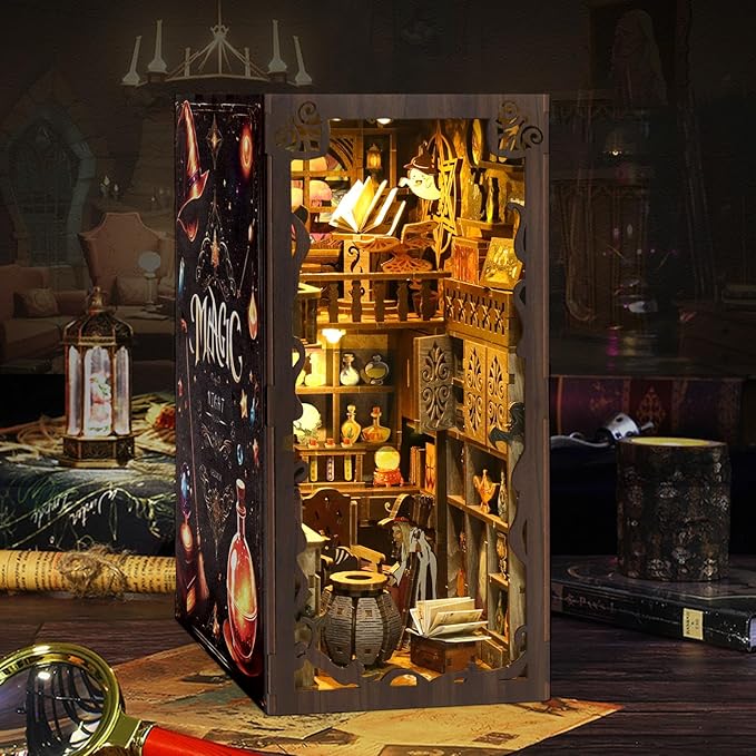 Book Nook Kit - DIY Miniature Dolls House Kit with Furniture and LED Light, 3D Puzzle Wooden Art Bookends, Model Kits for for Adults and Teens (Magic Night)