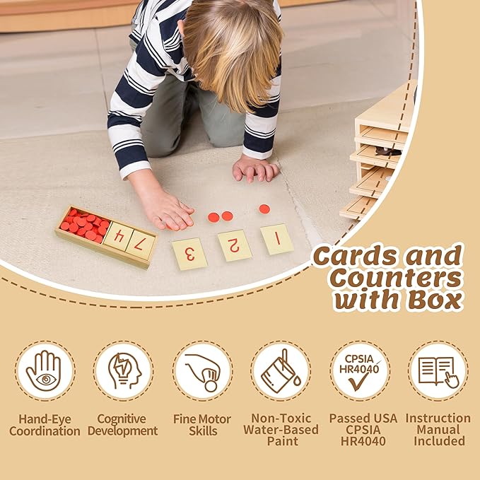 Montessori Wooden Math Counters with Number Cards & Chips 1-10 for Kids 3+ Years Old, Montessori Cards & Counters with Storage Box for Toddlers Math Learning, Preschool Math Toys for Classroom