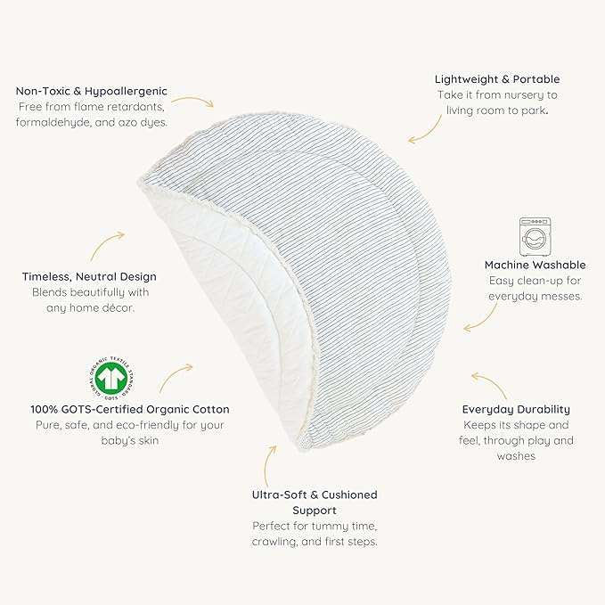 MakeMake Organics Organic Play Mat GOTS Certified Organic Cotton Nursery Floor Rug Washable Reversible Non Toxic Activity Mat Tummy Time Crawling Pad Thick Quilted (Round 48",Blue Stripes,Solid Ivory)