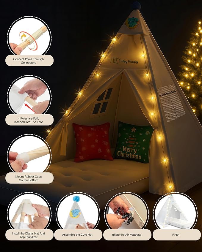 3 Pack Teepee Tent for Kids with Inflatable Airbed, Light, Toddler Tent Children Room Tents, Slumber Party Sleepover Tents, Indoor Outdoor Kids Playtent Playhouse for Girls & Boys