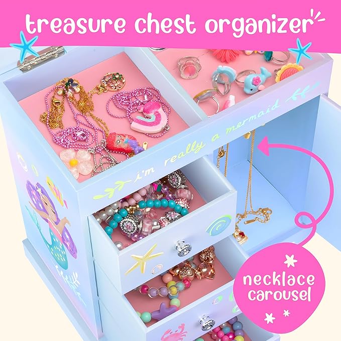 Mermaid Musical Jewelry Box for Girls - Kids Music Box with Drawers, Mermaid Mermaid Gifts for Girls, Mermaid Jewelry Boxes for Ages 3-10 - 9 x 5 x 9.3 in, Blue