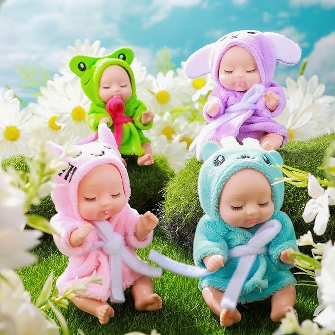 Hanaive 4 Pcs 4 Inch Mini Baby Dolls Lifelike Realistic Baby Dolls Animal Clothes Cute Tiny Gifts for Kids Birthday Party(Robe Style)