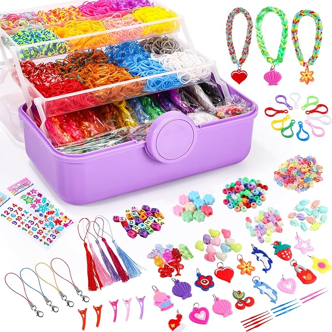18500+ Bracelet Making Kit Rubber Band, 26 Colors Rubberband Bracelet Kit with 3 Layer Container Includes Glow-in-The-Dark Rubber Bands, Bracelet Making Refill Kit Birthday Gift for Kids(Purple)
