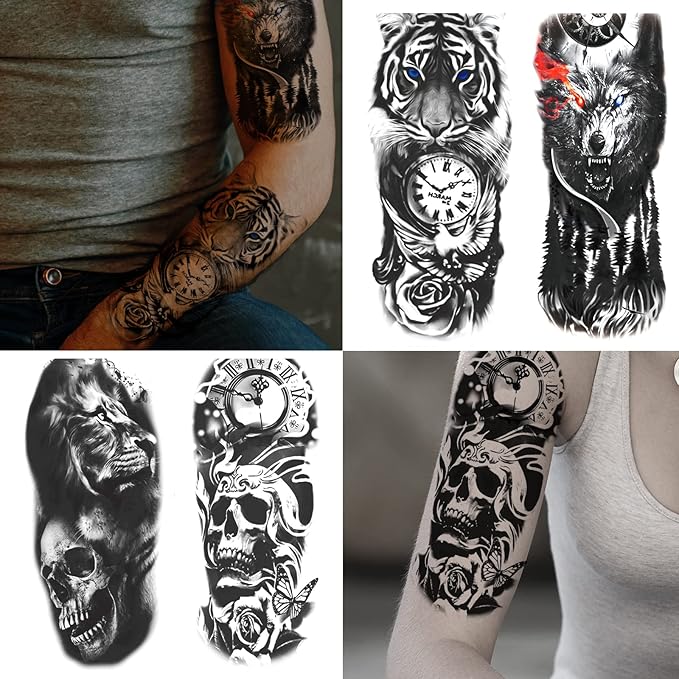 82 Sheets Temporary Tattoo for Men Women Adults, Include 12 Sheets Black 3D Half Sleeve Temporary Tattoos, Halloween Tattoos Scary Lion Wolf Tiger Skull Skeleton Tattoos Stickers