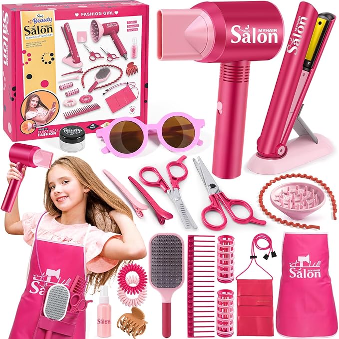 G.C Girls Hair Salon Toys Kids Pretend Play Hair Styling Kit with Realistic Blow Dryer Straightener Stylist Apron Scissors Accessories Beauty Makeup Set Birthday Gifts for Toddler Girls 3 4 5 6+