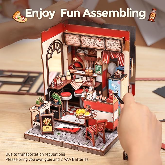 CUTEBEE Book Nook Kit - DIY Miniature House Dollhouse Kit for Adults and Teens, Booknook Tiny House Bookshelf 3D Wooden Puzzle, Gifts for Family (Uncle Joe's Pizzeria)
